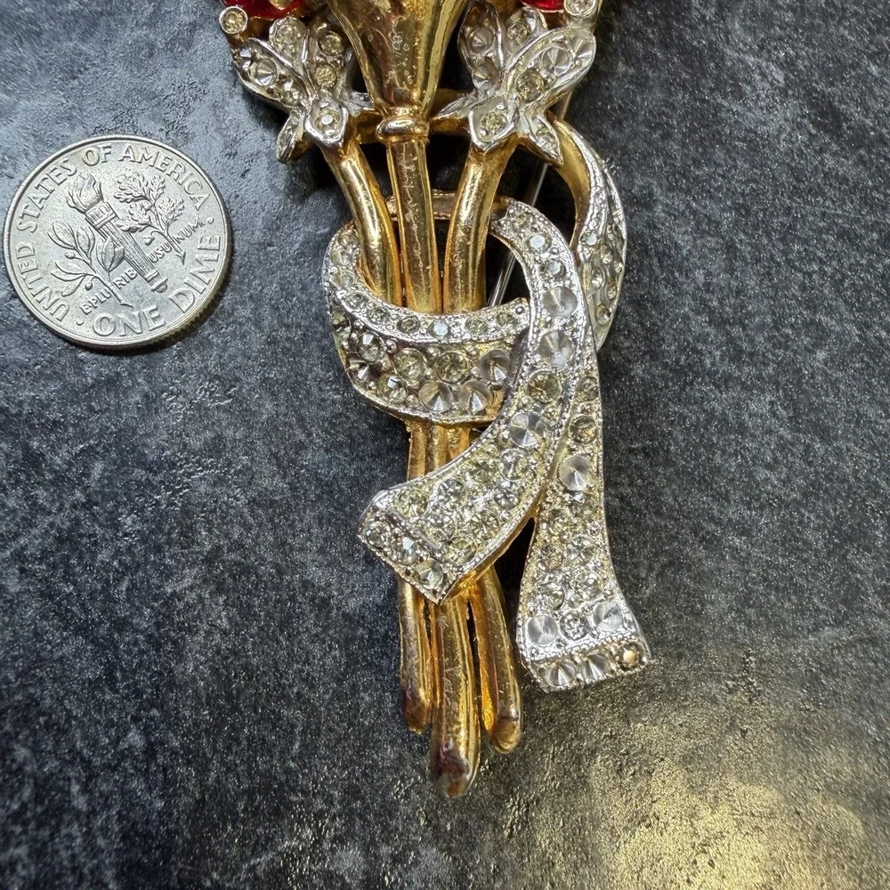 STUNNING! 1940s Coro Attr. Red & Clear Rhinestone Flower Bouquet Brooch READ
